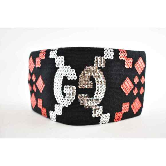 Gucci Black Sequin Silver Red GG Logo Wool Stretchy Headband Hair Small 56cm - Picture 2 of 10